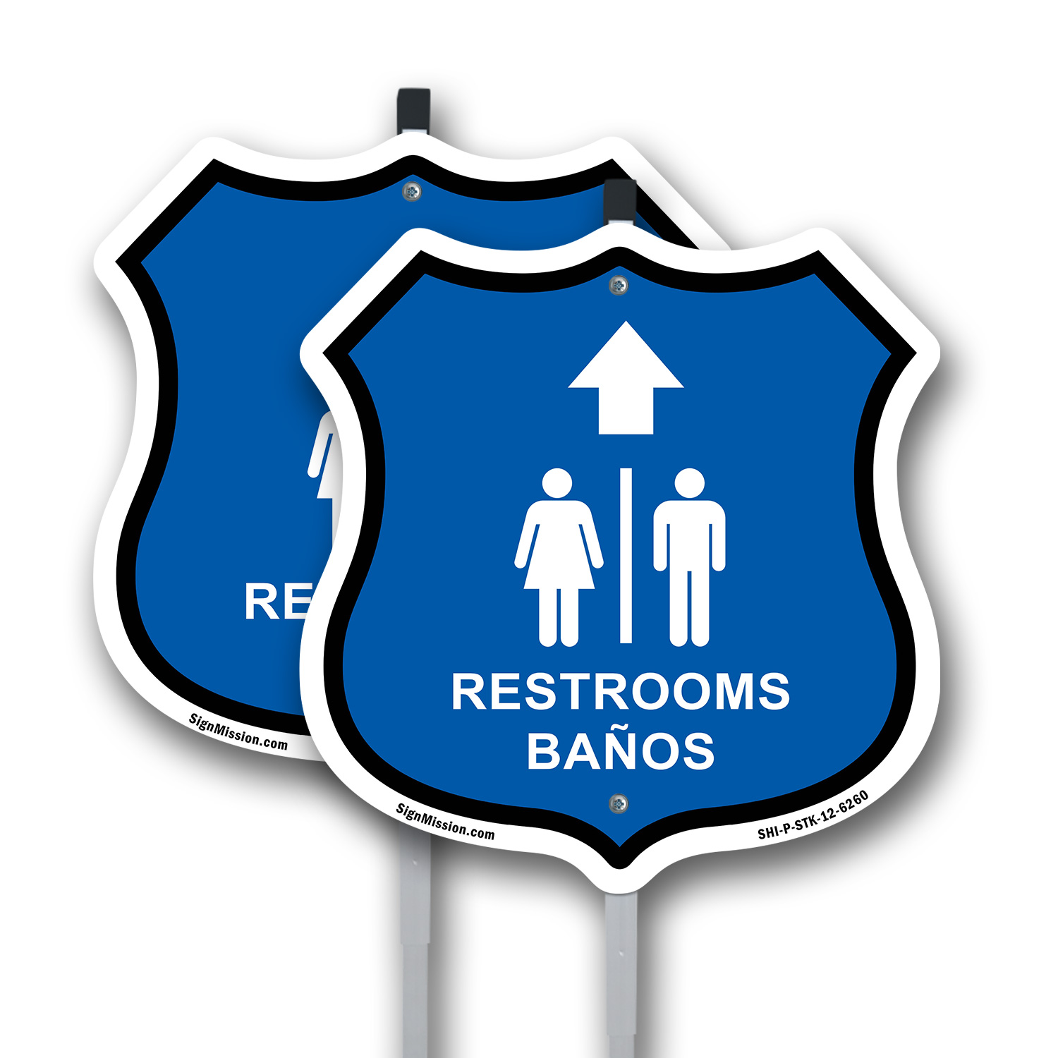 Restrooms Ba�os Up Arrow Bilingual English / Spanish Shield Sign With Stake - Picture 11 of 14