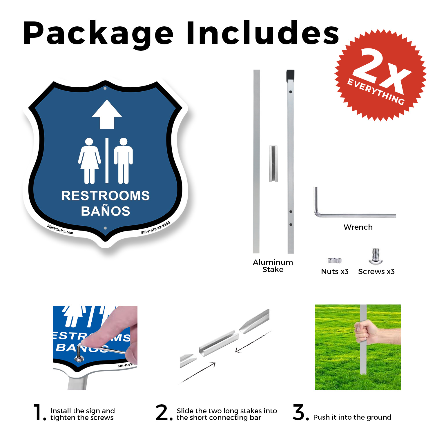 Restrooms Ba�os Up Arrow Bilingual English / Spanish Shield Sign With Stake - Picture 12 of 14
