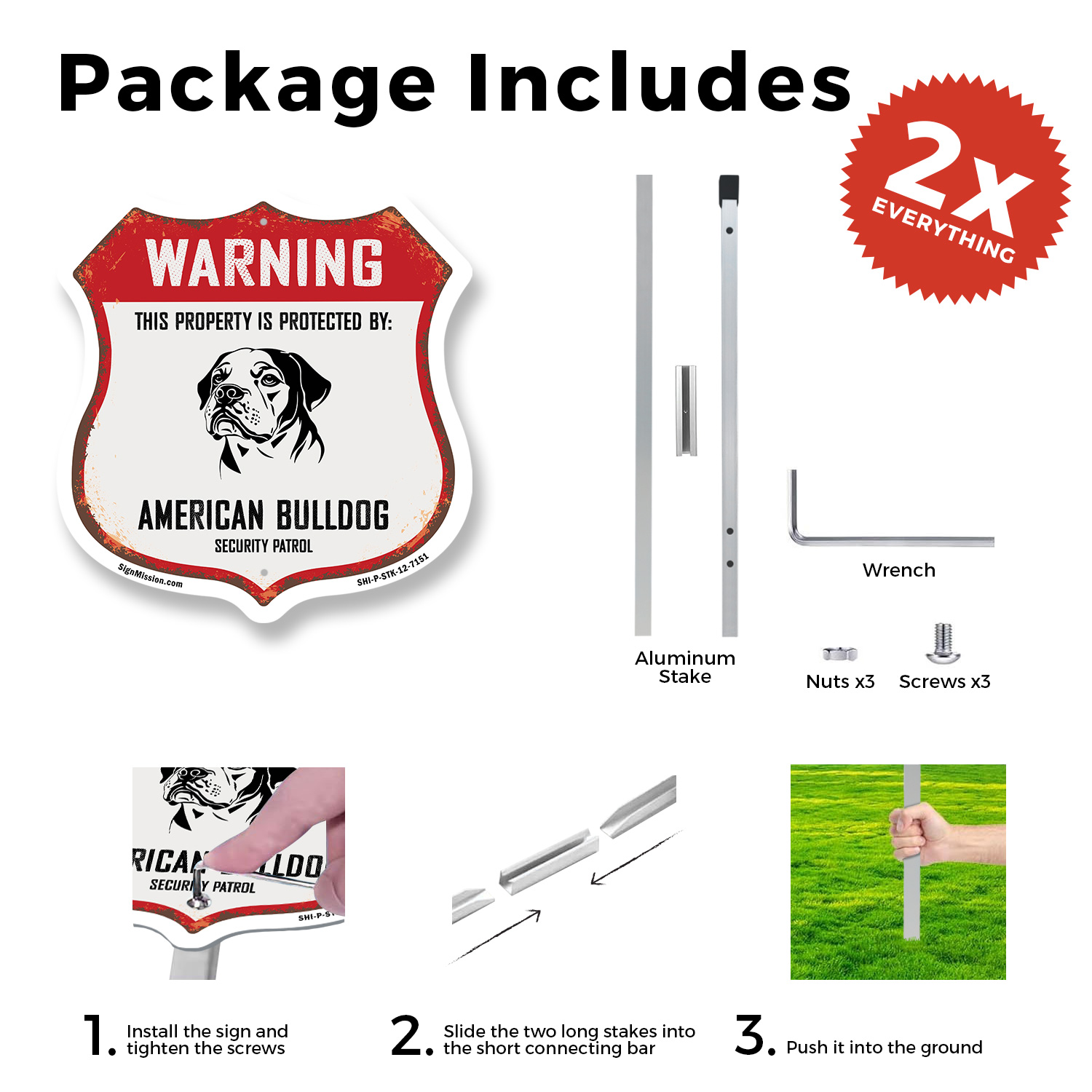 Warning Property Protected by American Bulldog Made in t Shield Sign With Stake - Picture 12 of 14