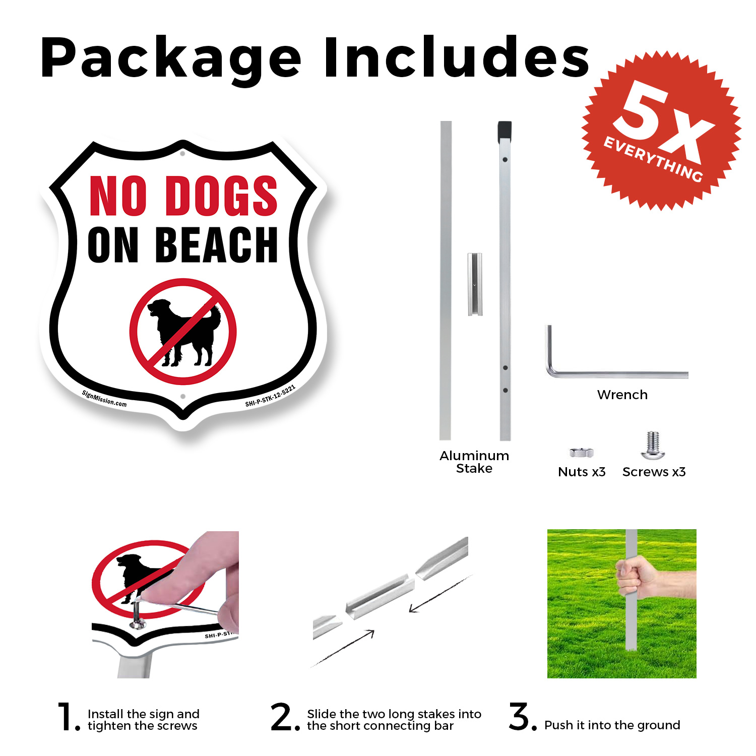 No Dogs on Beach Shield Shaped Sign With Stake Crafted in the USA - Picture 12 of 14