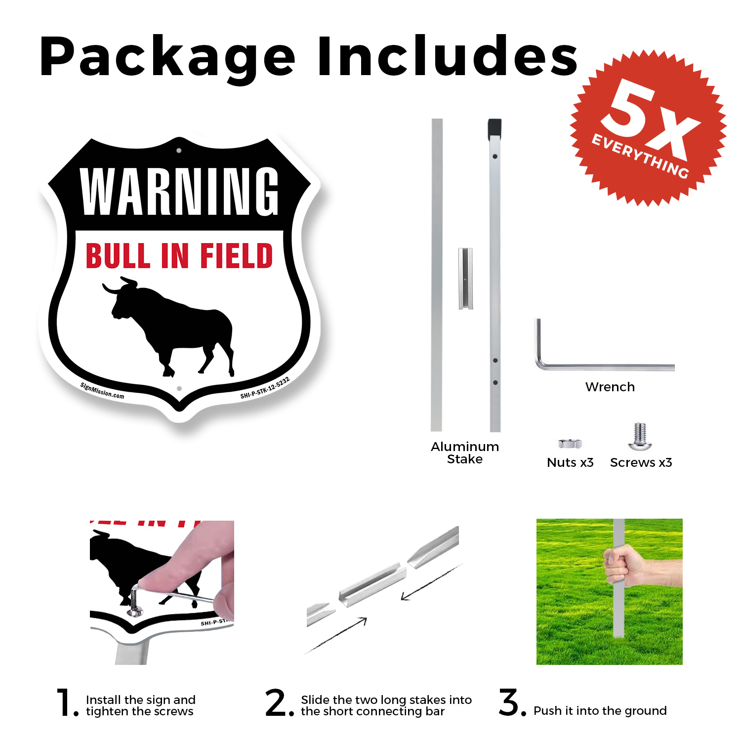 Warning Bull In Field Shield Shaped Sign With Stake Crafted in the USA - Picture 12 of 14