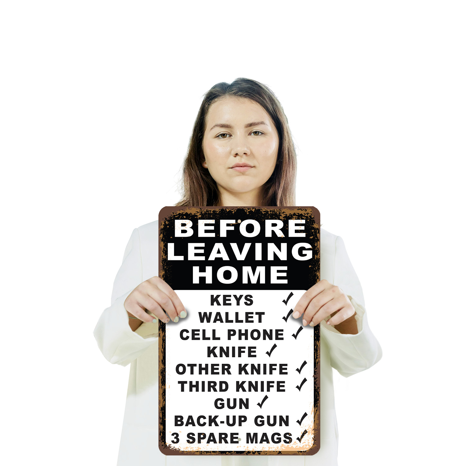 Vor der Abreise Checkliste Messer Pistole Magazine Neuheit Schild Spaß Geschenk wetterfest - Bild 18 von 26