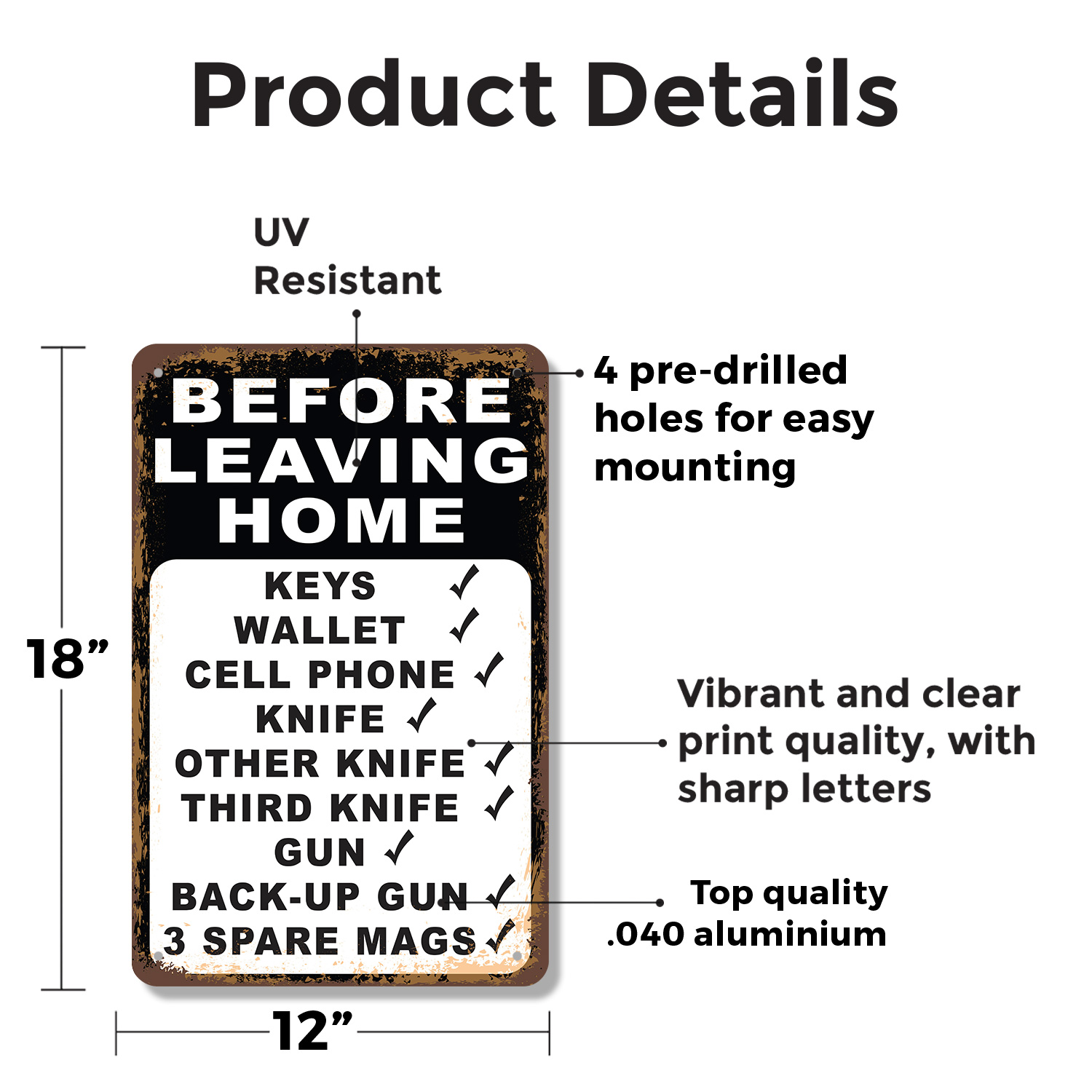 Vor der Abreise Checkliste Messer Pistole Magazine Neuheit Schild Spaß Geschenk wetterfest - Bild 15 von 26
