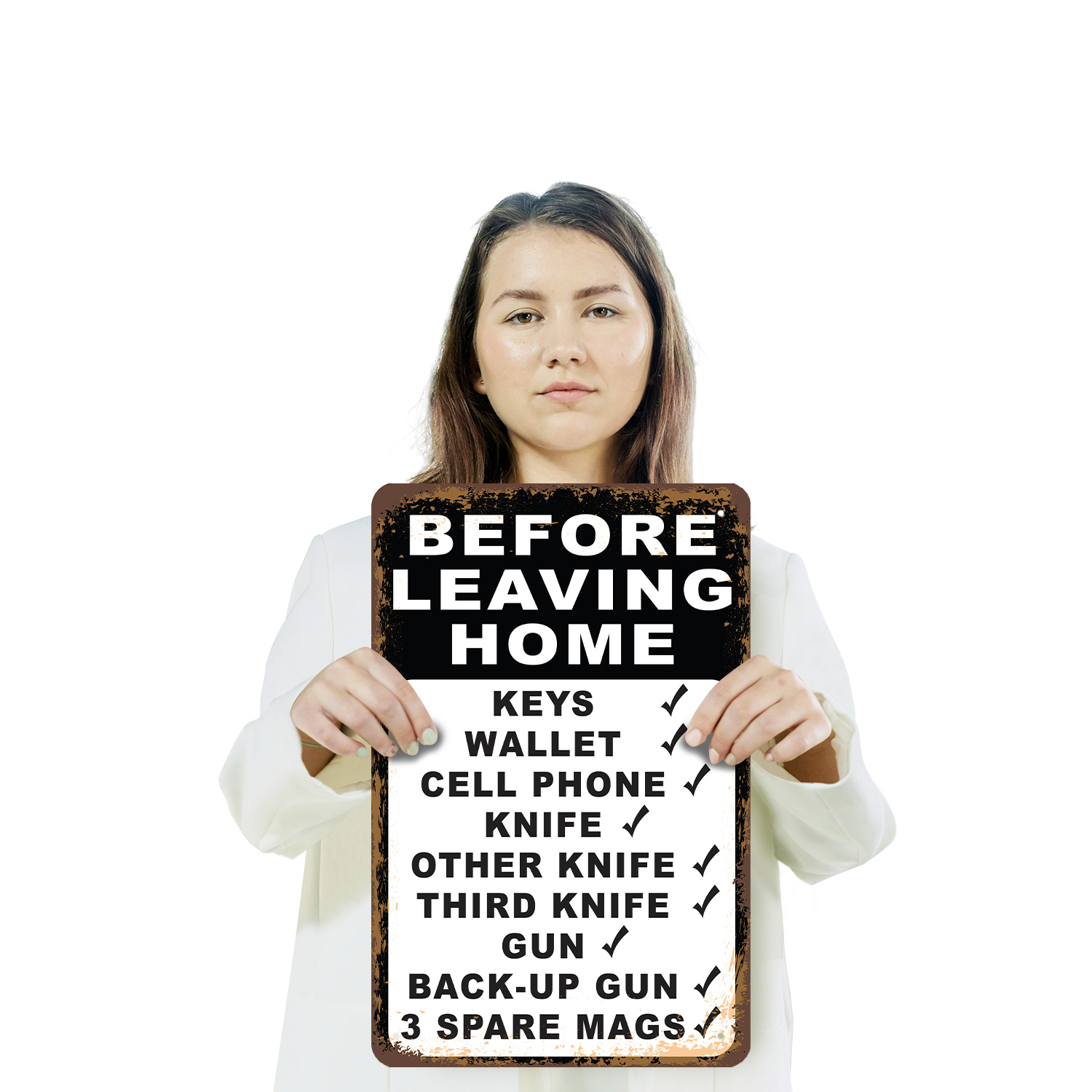 Vor der Abreise Checkliste Messer Pistole Magazine Neuheit Schild Spaß Geschenk wetterfest - Bild 16 von 26