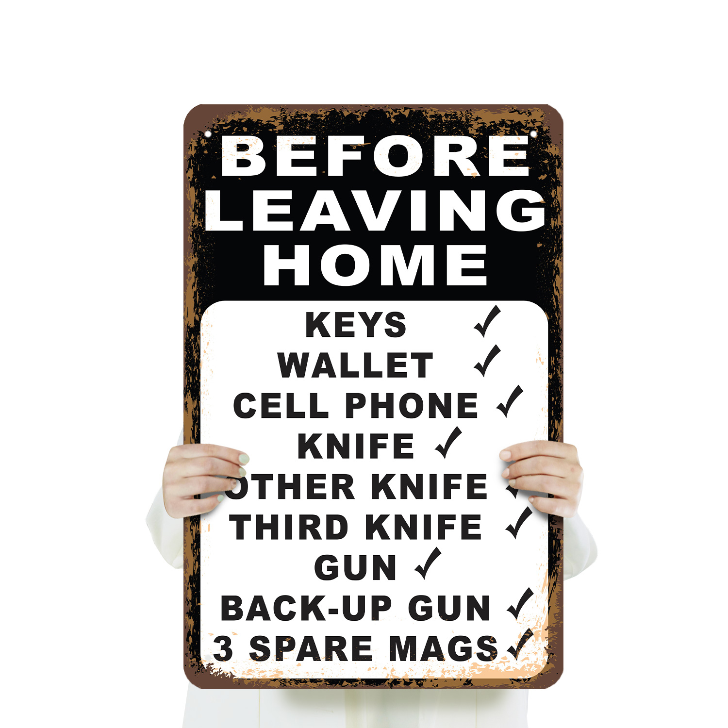 Vor der Abreise Checkliste Messer Pistole Magazine Neuheit Schild Spaß Geschenk wetterfest - Bild 21 von 26