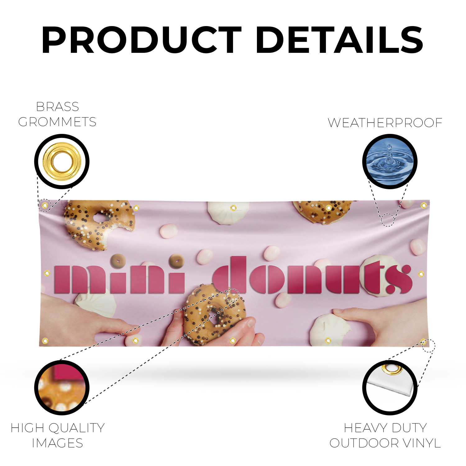 Mini Donuts 13 oz Vinyl Banner Sign with Metal Grommets Heavy-Duty Single-Sided - Picture 19 of 21