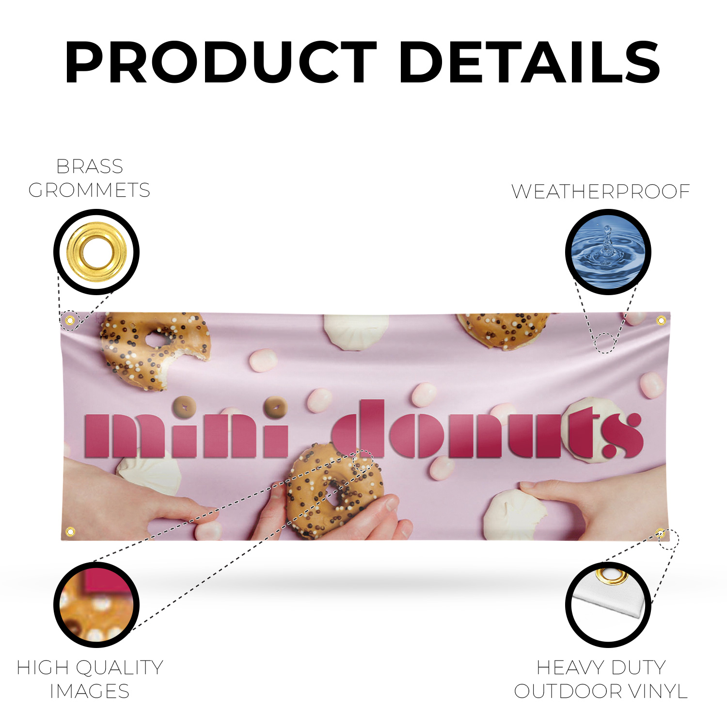 Mini Donuts 13 oz Vinyl Banner Sign with Metal Grommets Heavy-Duty Single-Sided - Picture 9 of 21