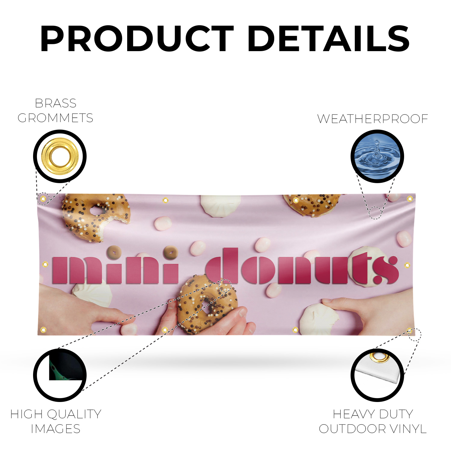 Mini Donuts 13 oz Vinyl Banner Sign with Metal Grommets Heavy-Duty Single-Sided - Picture 14 of 21