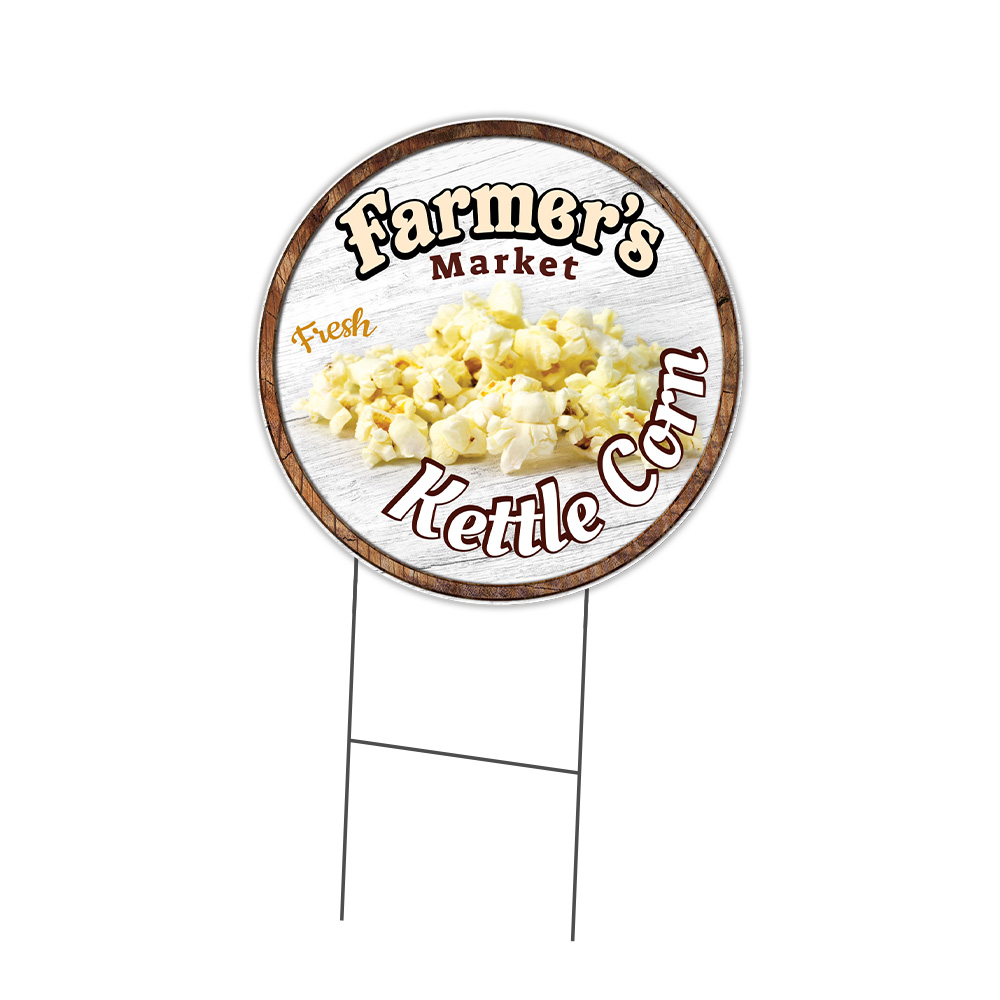 Farmer&rsquo;s Market Kettle Corn Circle Yard Sign, Rigid Plastic Or Decal