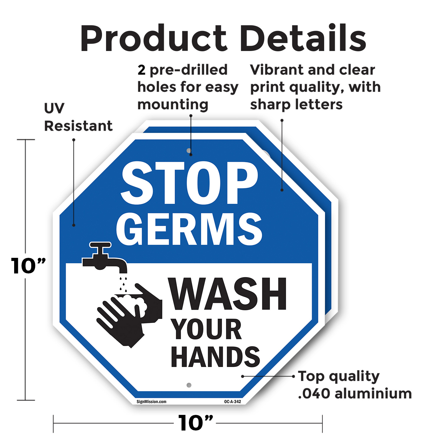 Stop Germs Wash Your Hands Octagon Sign Weather Resistant Made in the USA - Picture 49 of 65