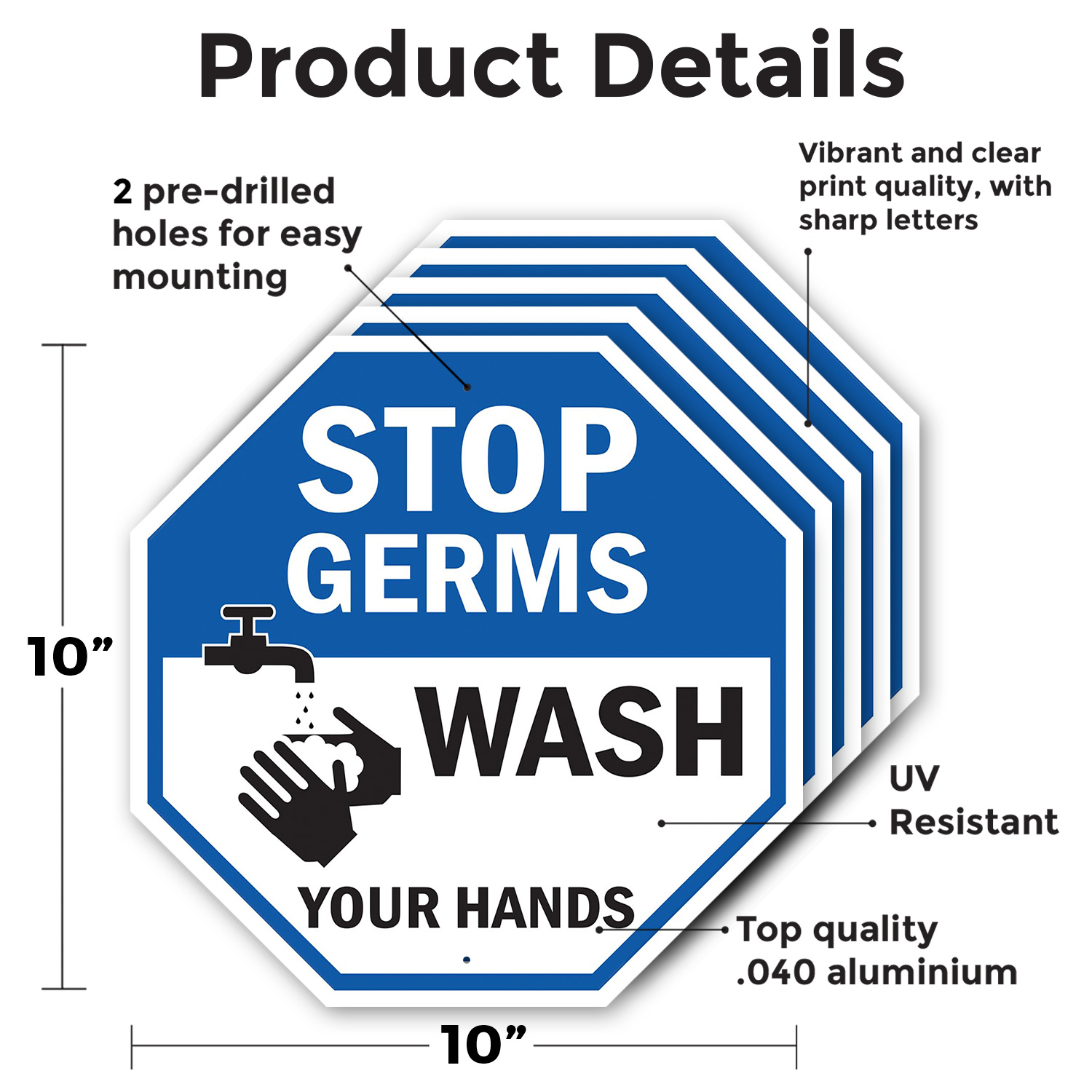 Stop Germs Wash Your Hands Octagon Sign Weather Resistant Made in the USA - Picture 55 of 65