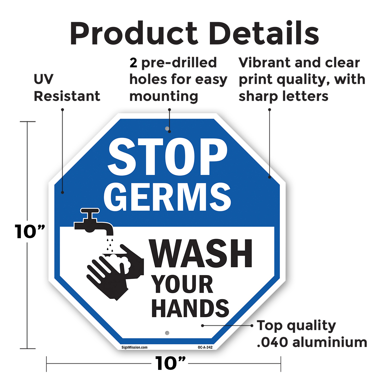 Stop Germs Wash Your Hands Octagon Sign Weather Resistant Made in the USA - Picture 38 of 65