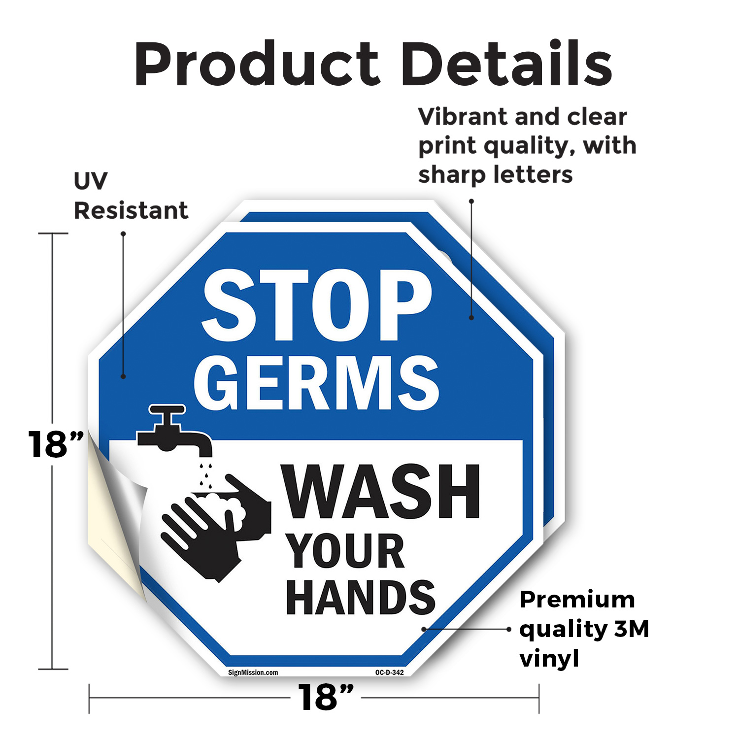 Stop Germs Wash Your Hands Octagon Sign Weather Resistant Made in the USA - Picture 8 of 65