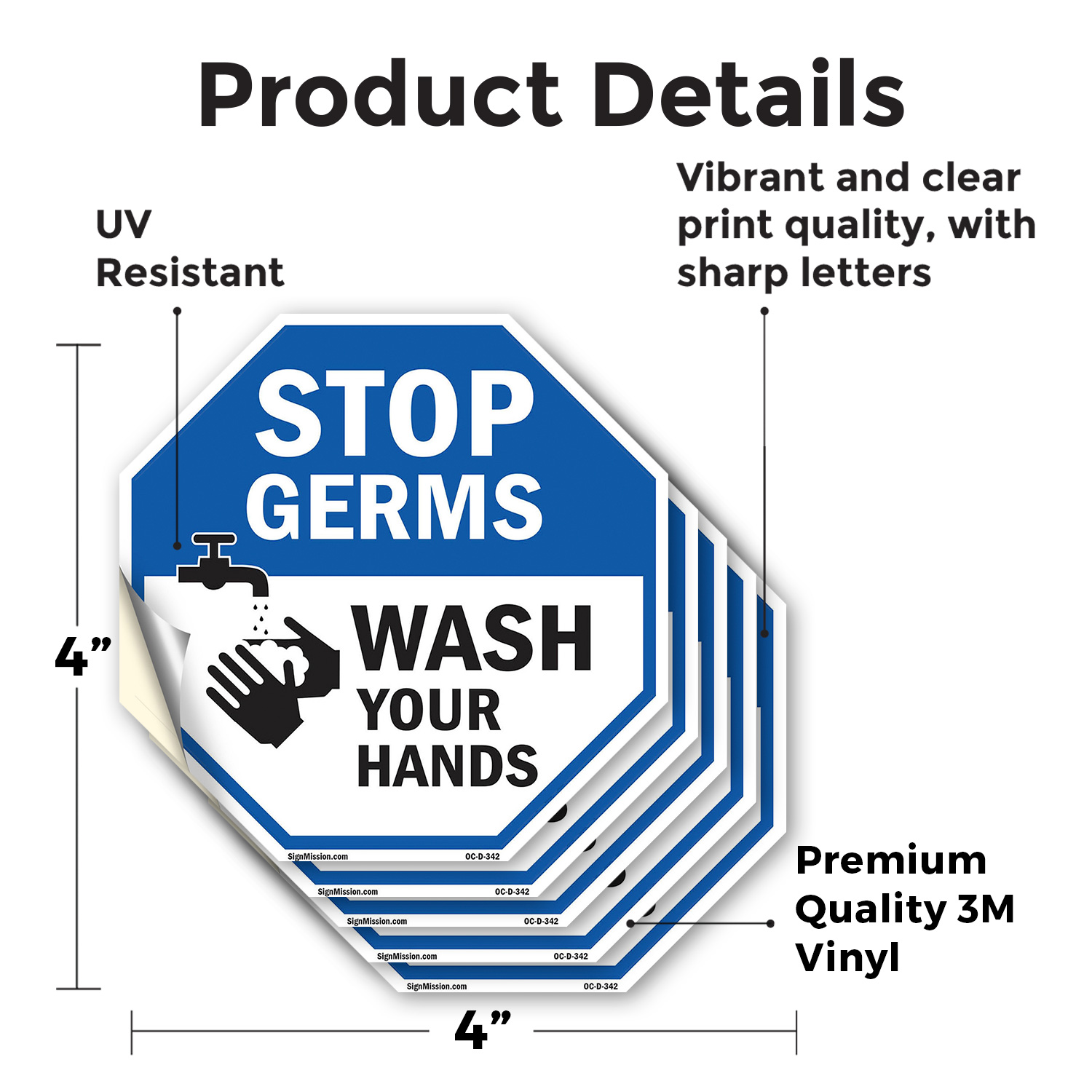 Stop Germs Wash Your Hands Octagon Sign Weather Resistant Made in the USA - Picture 23 of 65