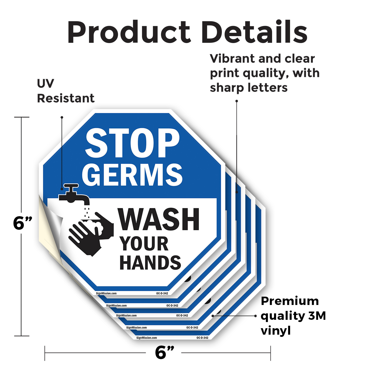 Stop Germs Wash Your Hands Octagon Sign Weather Resistant Made in the USA - Picture 28 of 65