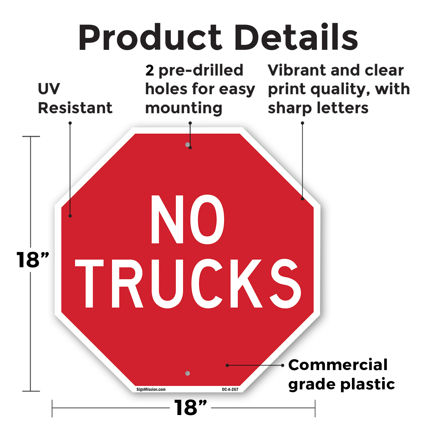 No Trucks Octagon Sign Weather Resistant UV Protected Made in the USA