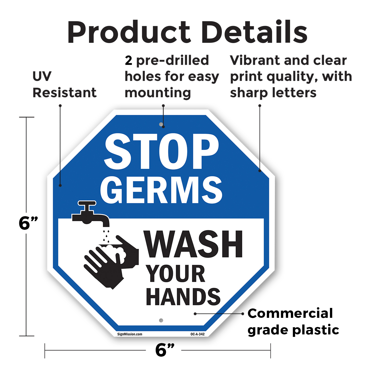Stop Germs Wash Your Hands Octagon Sign Weather Resistant Made in the USA - Picture 60 of 65