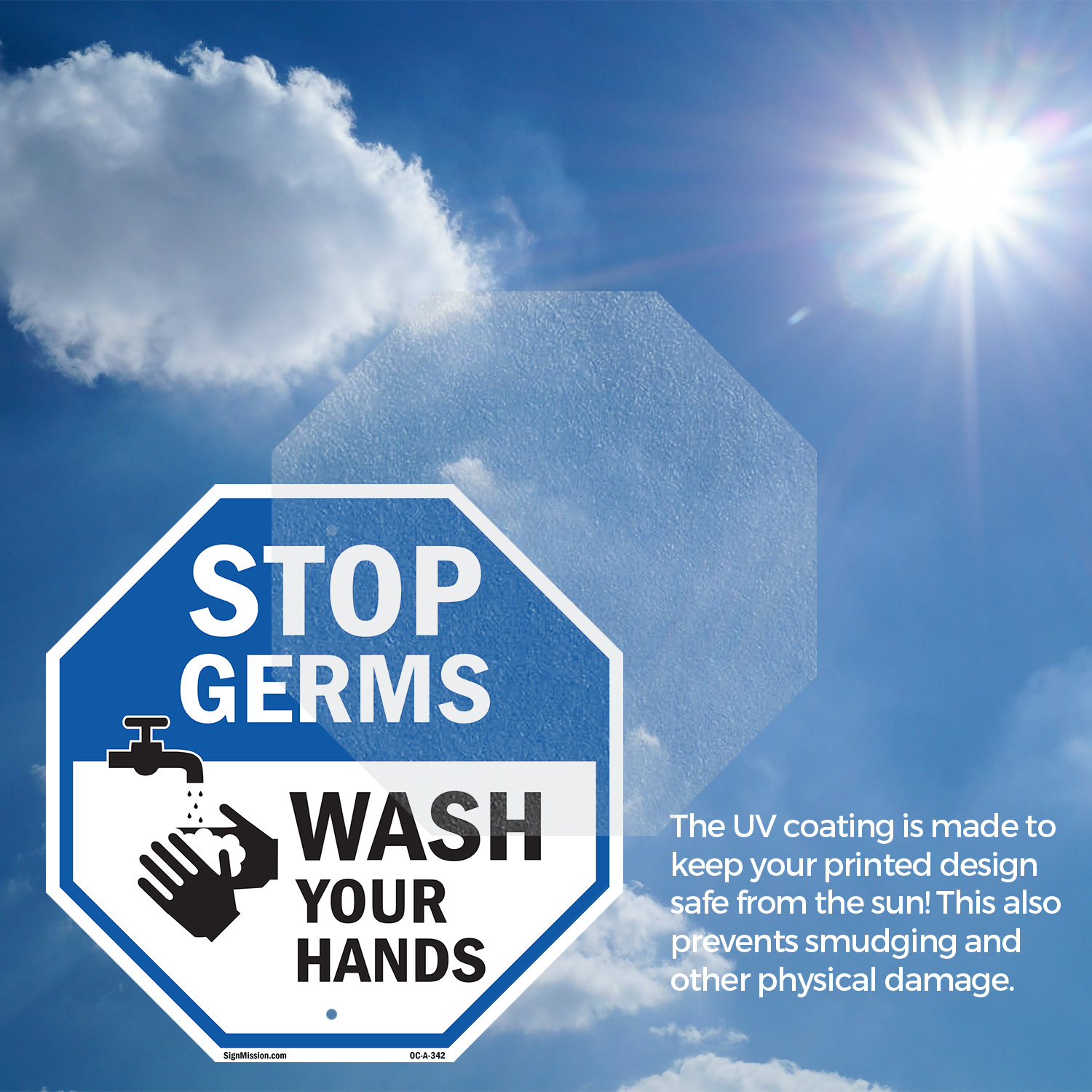 Stop Germs Wash Your Hands Octagon Sign Weather Resistant Made in the USA - Picture 5 of 65