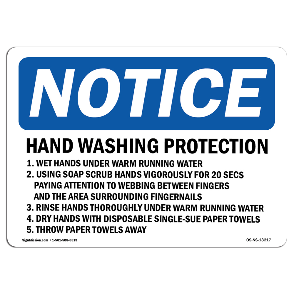 Hand Washing Protection 1. Wet Hands Under OSHA Notice Sign Metal Plastic Decal