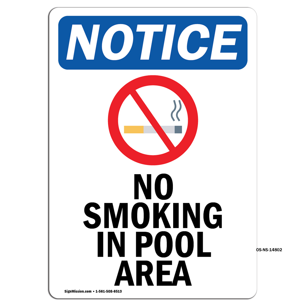 No Smoking In Pool Area With Symbol OSHA Notice Sign Metal Plastic Decal
