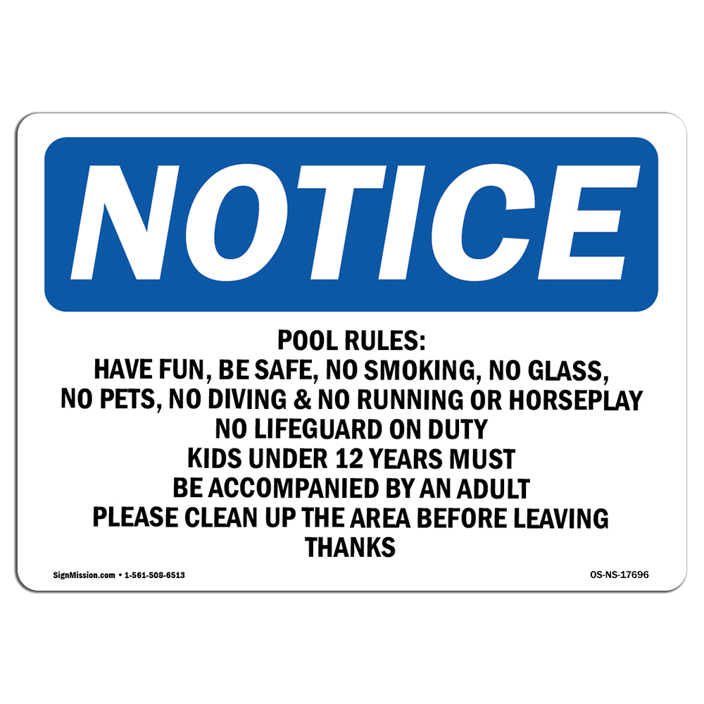 Reglas de piscina Diviértete Estar seguro No fumar OSHA Aviso Letrero Metal Plástico Calcomanía - Imagen 1 de 16